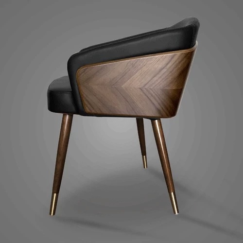 Luxury walnut bentwood dining armchair with armrests, upholstered in genuine leather, modern designer wooden dining chair for elegant dining rooms and contemporary interiors.