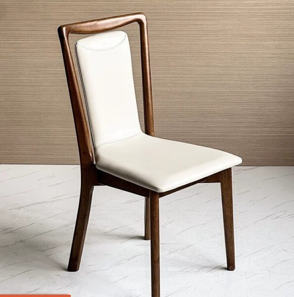 Designer Solid Oak Wood and Leather Dining Chair, Walnut color and Off-white combination high backrest Dining, Kitchen, and Breakfast room chair. High-end Restaurant, Café, Hotel Dining Chair.