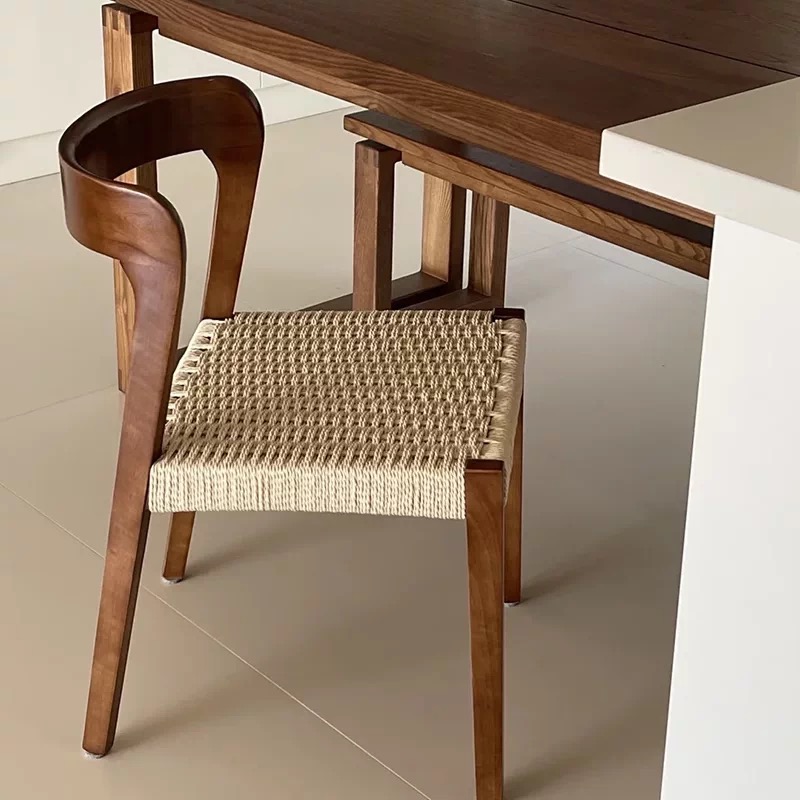 Designer solid wood and rope weave coastal dining chair made from premium SUP grade ash wood with handwoven seat and contemporary armless design in Dark Brown finish.