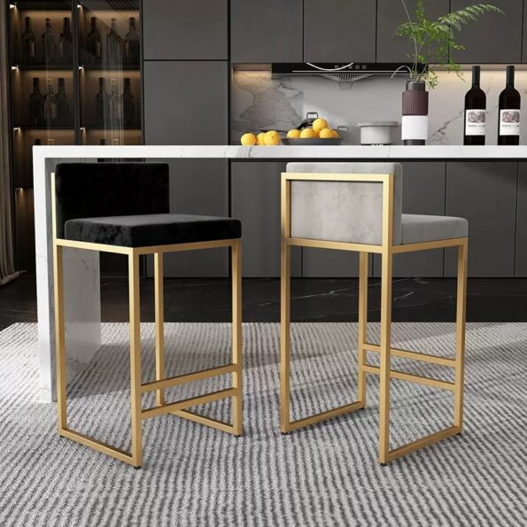 Gold & Black Iron Leg and Velvet upholstered High Counter Bar Stool, high Chair with Low Backrest & Footrest modern simple minimalist Metal bar chair.