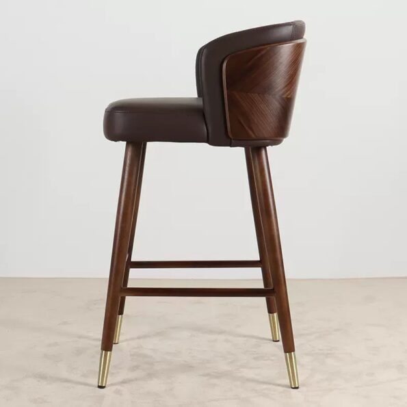 Walnut color Solid Wood and Dark Brown Leather Bar Stool High Chair with Backrest & Footrest.