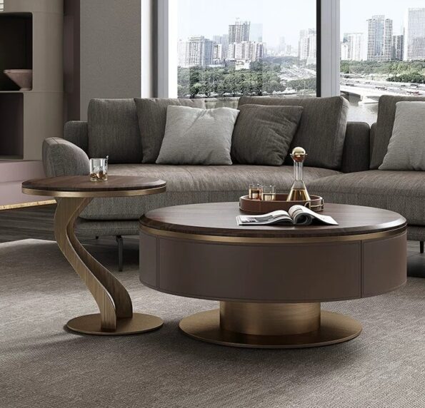 Modern designer home living room walnut color solid wood round & stainless steel Coffee Table