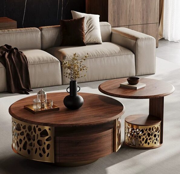 Solid wood Modern simple round designer walnut color with drawer living room home coffee table