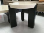 Italian Travertine Stone & Wood Round Designer High-end Modern Coffee Table.