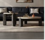 Italian Travertine Stone & Wood Round Designer High-end Modern Coffee Table.