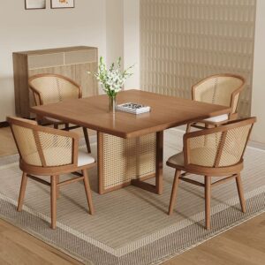 Solid pine wood square dining table with natural handwoven rattan cane back chairs in Japanese style, modern minimalist dining set for home, café, or restaurant interior.