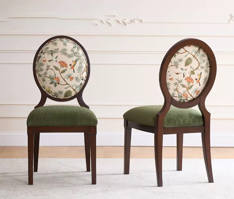 Luxury solid cherry wood round back dining chair with floral upholstered high back, walnut finish frame, and cushioned mid-century modern dining room seating.