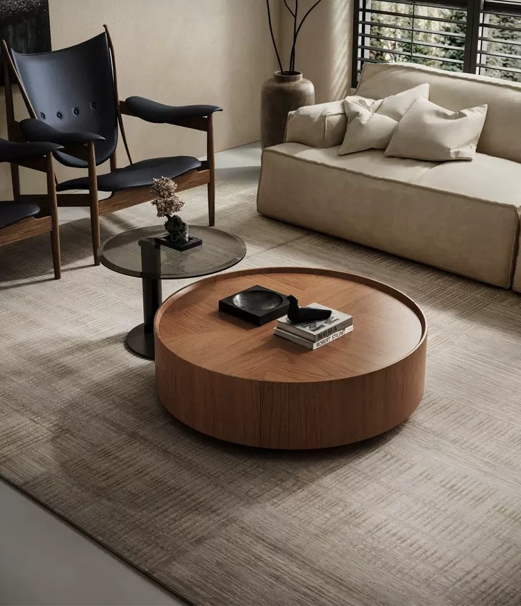 Designer solid wood round or square coffee table with 2 hidden drawers in dark brown finish, contemporary low plinth living room centre table, fully assembled.