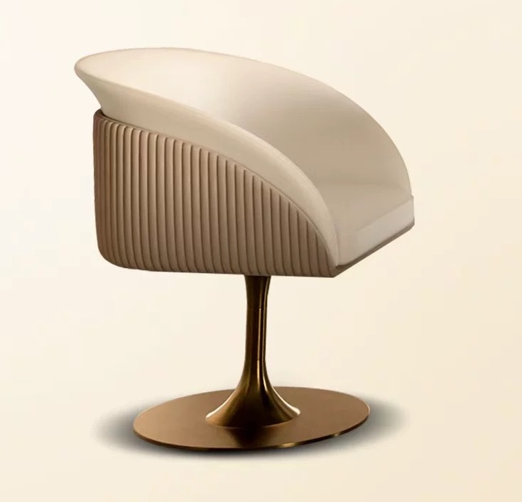 Modern luxury swivel dining chair with cream and beige leather upholstery, curved ergonomic backrest and brushed gold stainless steel pedestal base in contemporary interior setting.