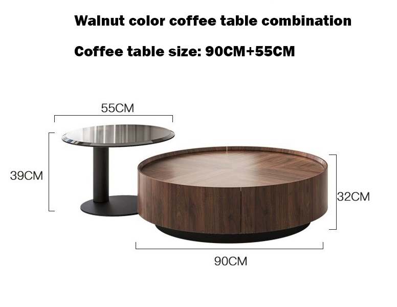 90cm solid wood coffee table + 55cm tempered glass side table.