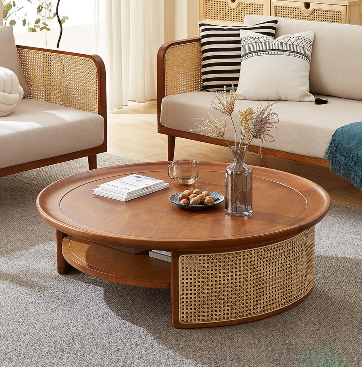 Round coffee table crafted from premium North American solid ash wood with natural Indonesian rattan accents, featuring a built-in drawer and shelf for storage, smooth edges, and a minimalist Japanese-inspired design.