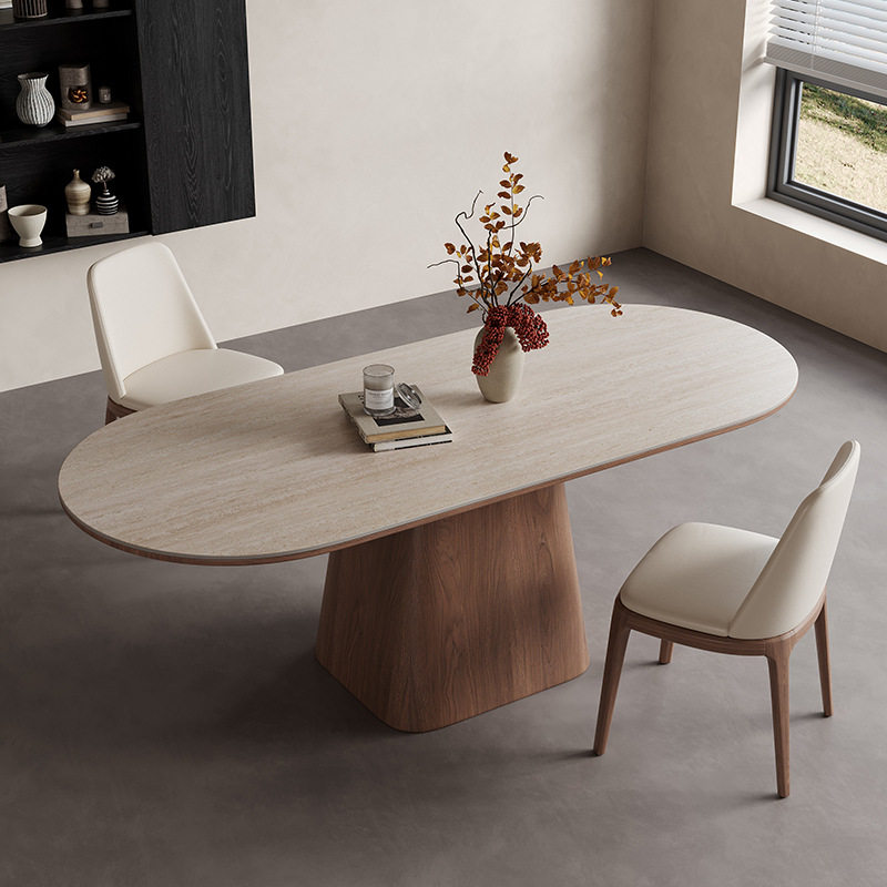 Designer Travertine Stone & Solid Oak Wood Oval Pedestal Contemporary Dining Table Set with Chairs/Single Dining Table. 140–200cm (4-to-8-Seater).