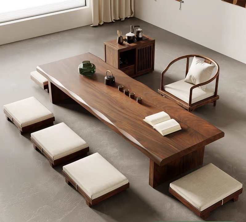 Living Well ZA: Solid Walnut Wood Japandi Tatami Low Tea Table with Traditional Japanese Tea Service & Matching Floor Chair & Stool Options.