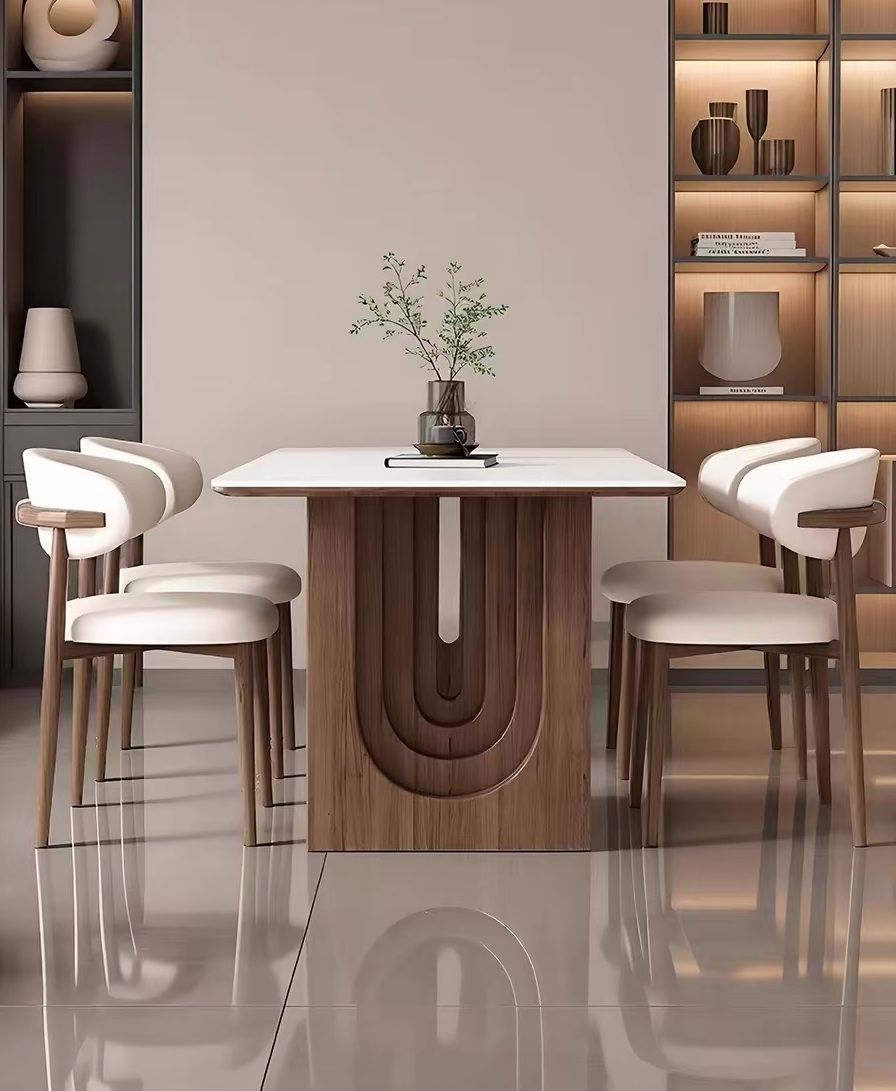 Designer Luxury Rectangular Dining Table – Grey Slate Stone Top & Walnut Solid Wood Base, Small to medium Size 130–180cm, 2-to-8-Seater.