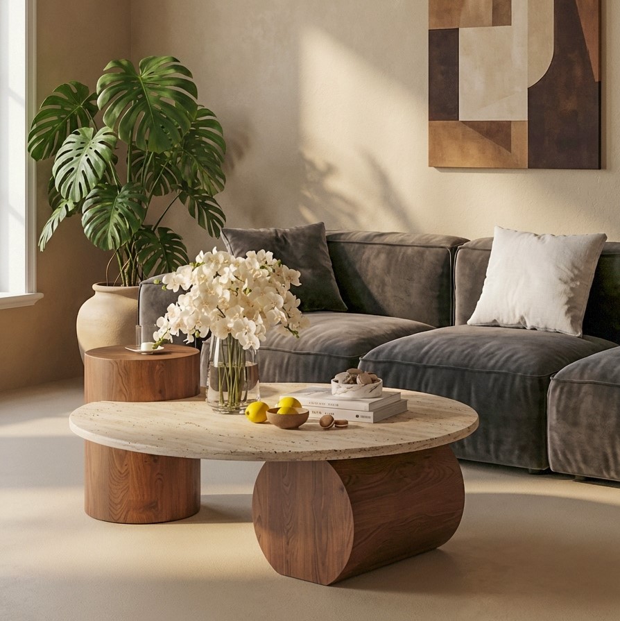 Designer round coffee table with travertine-look sintered stone top and walnut wood sculptural base in a contemporary living room.