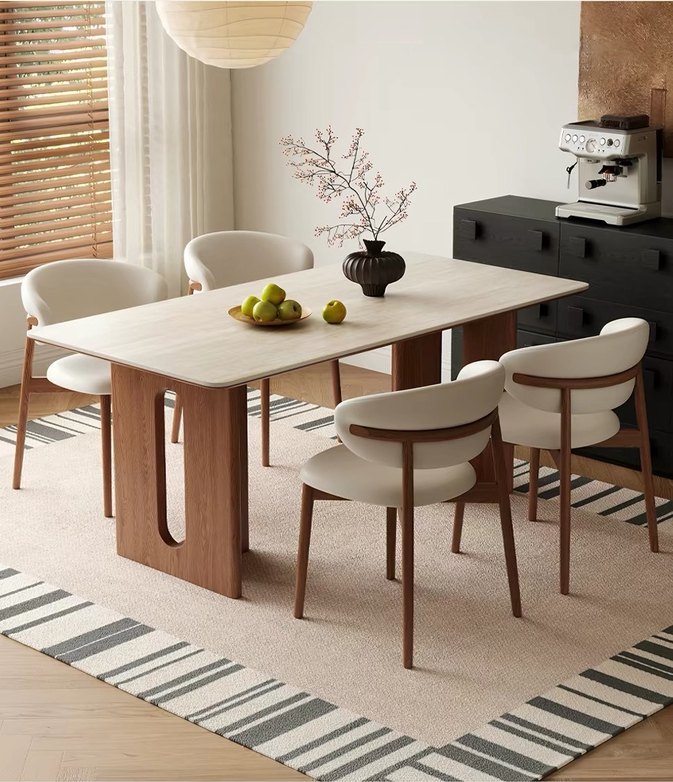 Modern solid ash wood and white slate stone rectangular dining table set with stylish chairs in contemporary dining room.