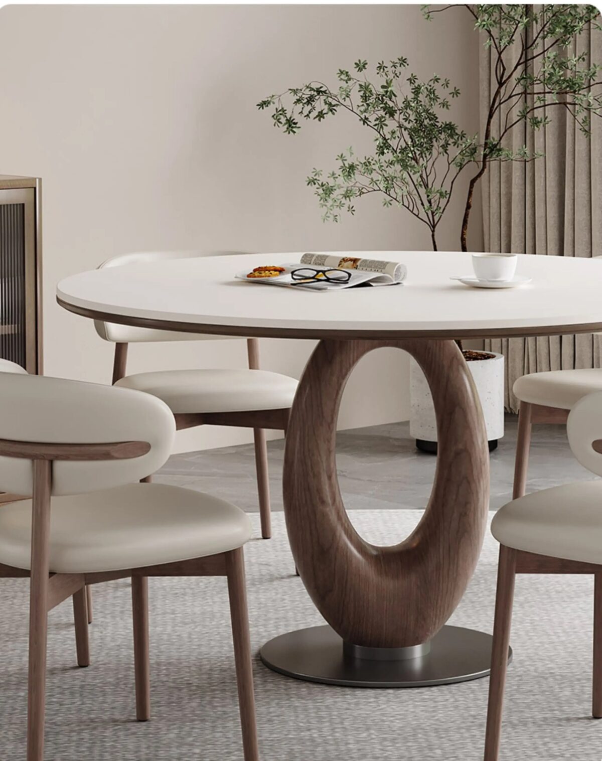 Living Well ZA luxury Designer round dining table with white sintered stone top and walnut solid ash wood oval pedestal base with stainless steel weighted bottom, modern 4–6 seater dining furniture. 120-130cm. - Main Product View