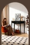 Mid-Century Modern Solid Wood Half Moon Console Table with Drawer – Black