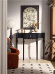 Mid-Century Modern Solid Wood Half Moon Console Table with Drawer – Black