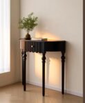 Mid-Century Modern Solid Wood Half Moon Console Table with Drawer – Black