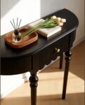 Mid-Century Modern Solid Wood Half Moon Console Table with Drawer – Black