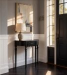Mid-Century Modern Solid Wood Half Moon Console Table with Drawer – Black