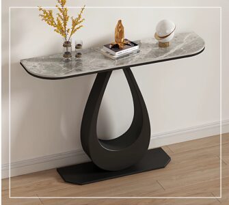 Tall narrow console table showcasing an Italian gray marble effect sintered stone top with a sleek black abstract pedestal base, styled with modern luxury decor.