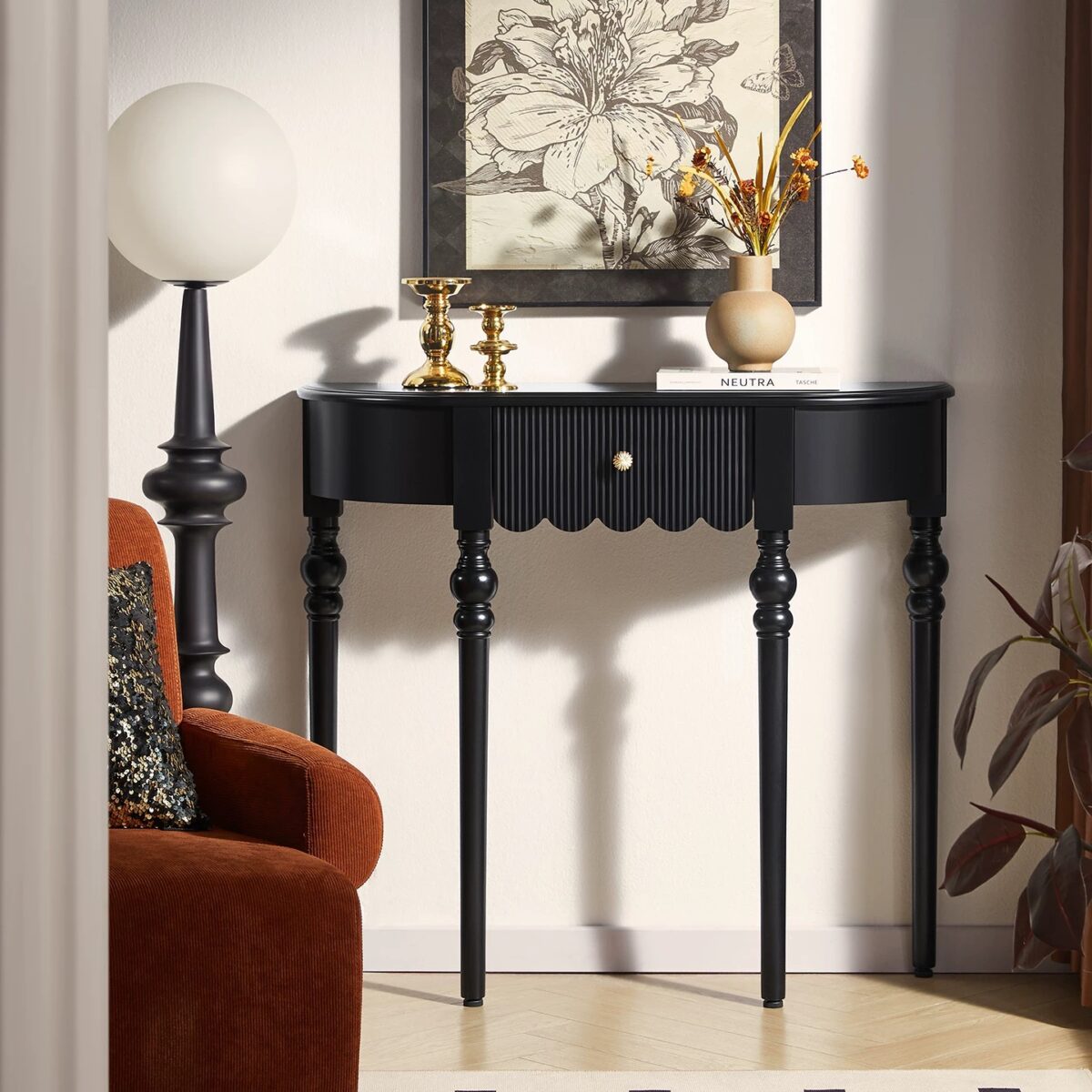 Mid-century modern solid wood half moon console table with drawer in black finish, featuring a slim narrow entryway design, fluted drawer detail, and elegant turned legs for hallway and foyer décor.