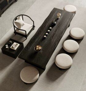 Traditional Japanese tatami low floor tea table with solid wood black ash grain finish, Japandi chabudai dining set with round stools and armchair seating in minimalist zen interior.