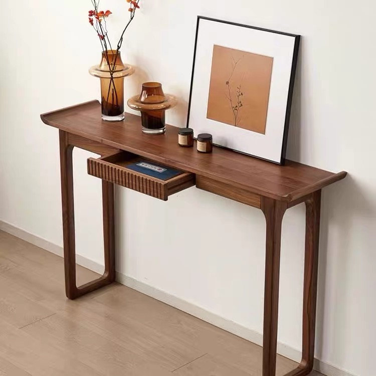 100% solid wood slim hallway table with an open storage drawer showing traditional woodworking craftsmanship, fluted wheat-wave texture, and authentic wood glides.