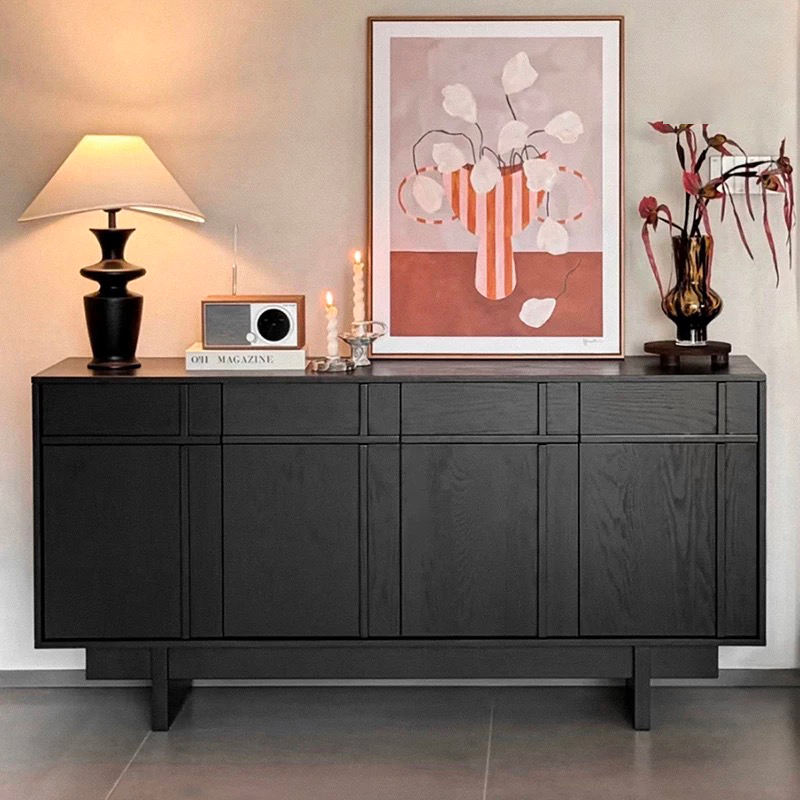 Front view of a rectangular charcoal black farmhouse sideboard credenza with architectural grid design panel cabinets and solid wood legs.