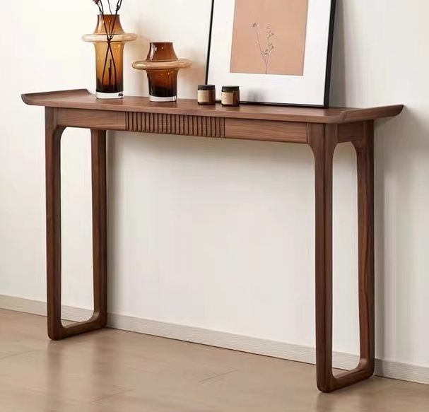 Solid old elm wood narrow console table in dark walnut finish featuring an oriental upturned-edge design and slender legs, styled with ceramic vases in a minimalist entryway.
