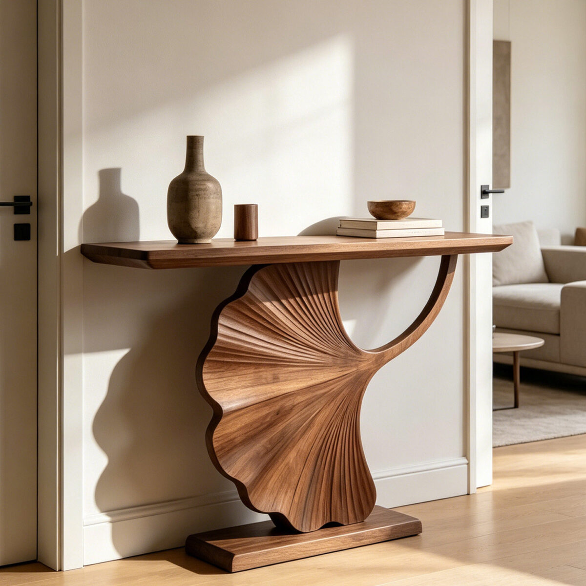 Luxury dark brown solid wood console table featuring an artistic hand-carved ginkgo leaf sculptural pedestal base styled with minimalist ceramic vases and books in a sunlit entryway.
