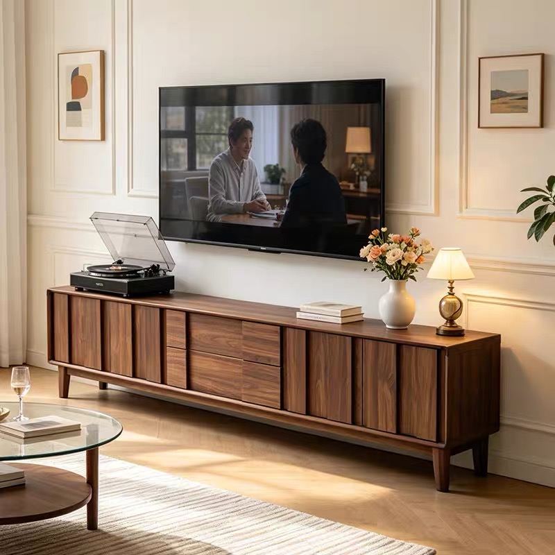 Modern walnut solid wood TV cabinet with geometric doors and drawers. 160cm to 240cm TV Unit available