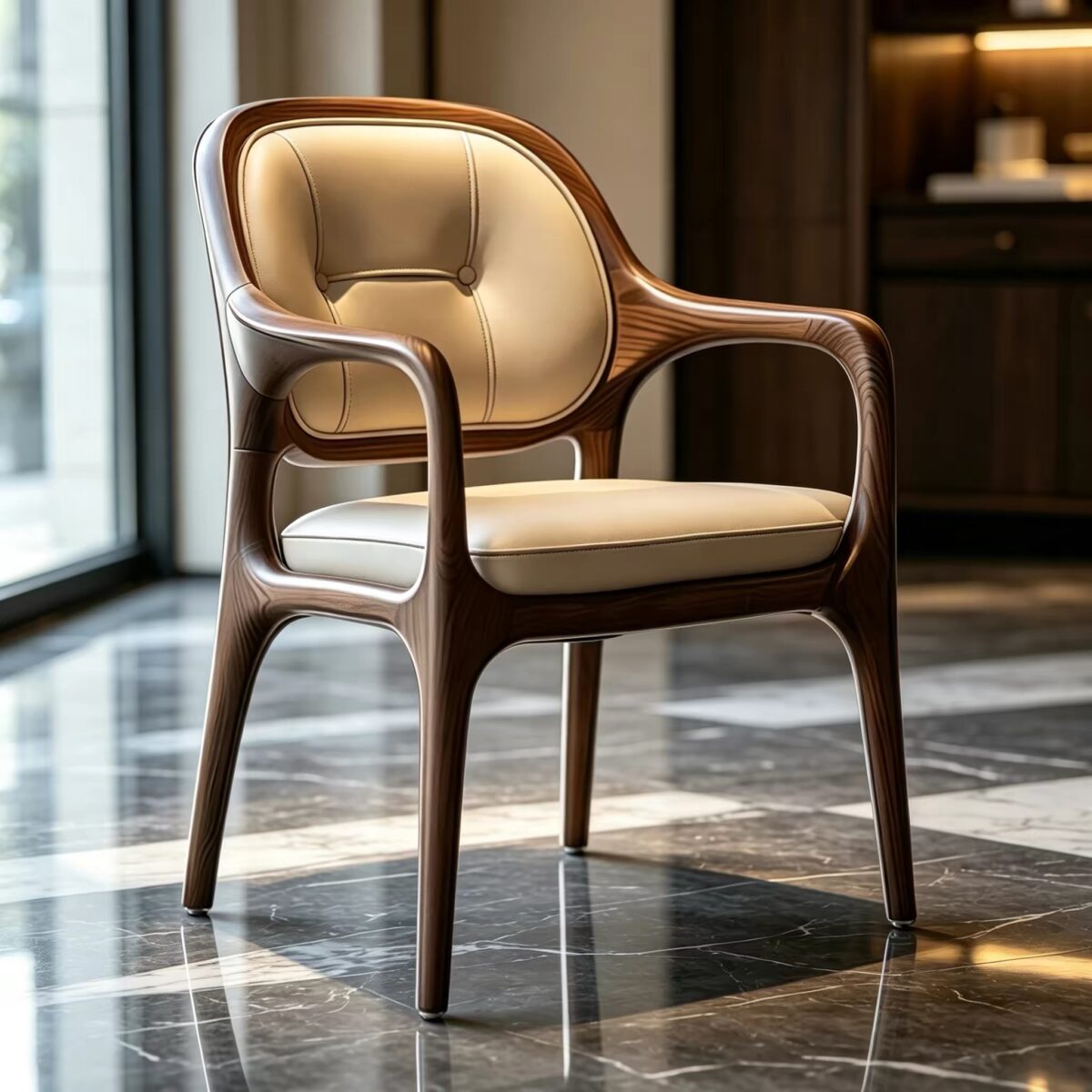 Luxury contemporary dining chair featuring a dark brown solid ash wood frame with sculpted, flowing armrests, paired with button-tufted cream leather high-back upholstery on a reflective dark marble floor.