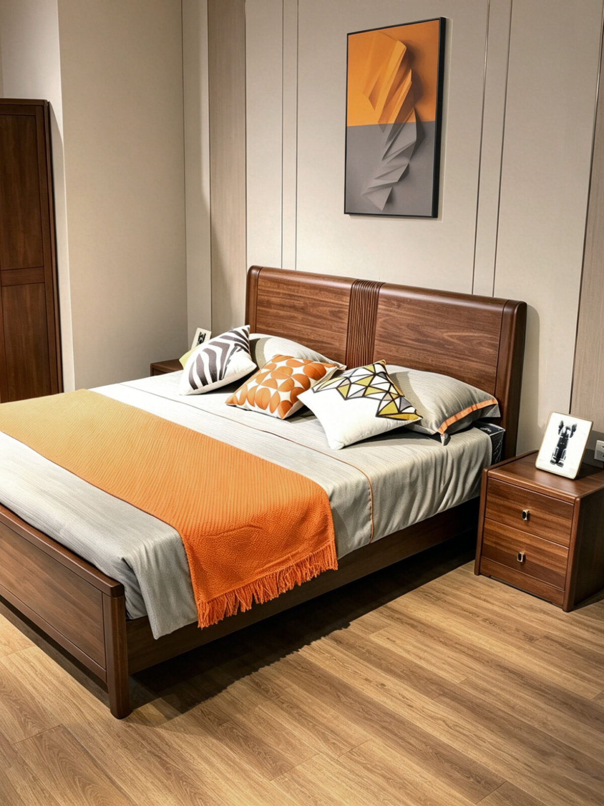 Designer solid South American black walnut bed frame featuring a vertical fluted headboard design with matching bedside tables by Living Well ZA