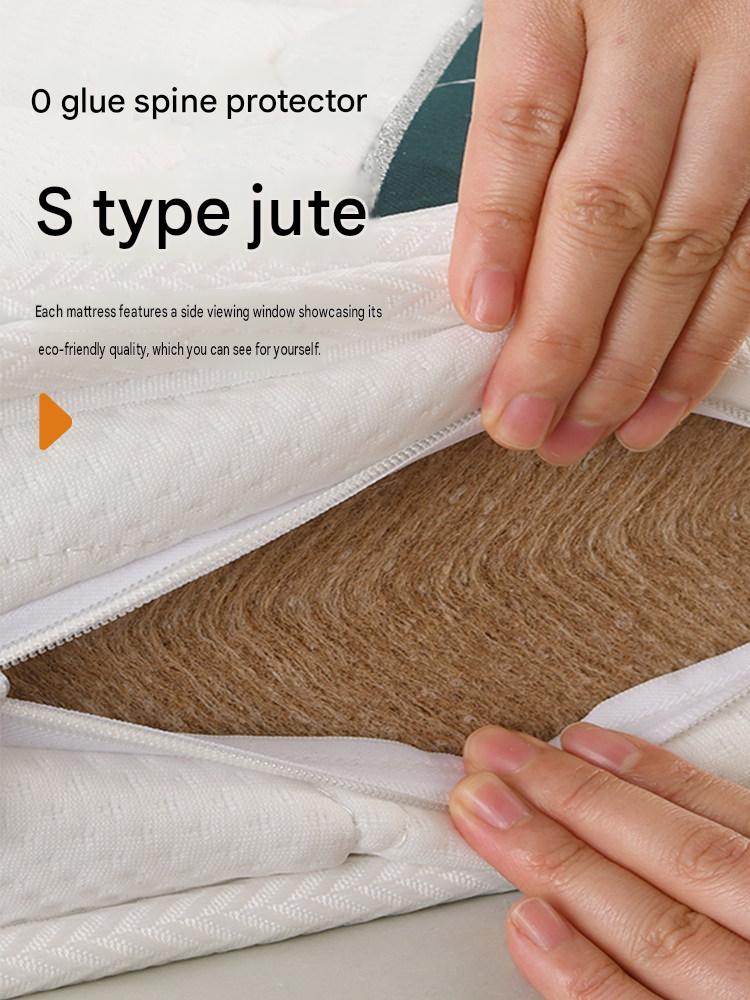 S-shaped natural jute firm mattress. Close-up of hands opening the side zipper viewing window to inspect the genuine natural S-type jute core.