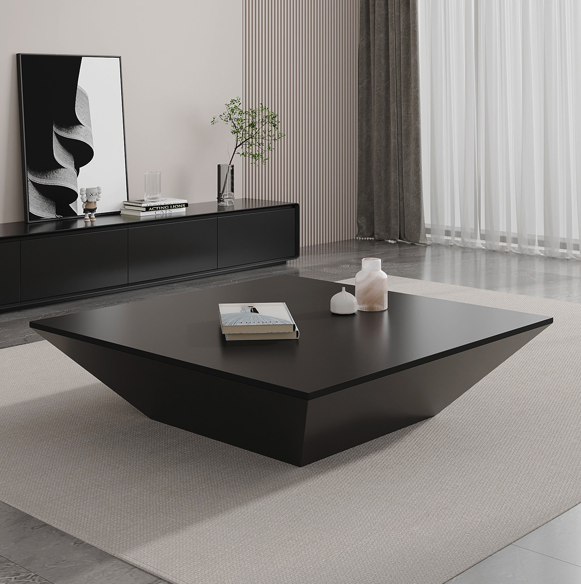 Shop a designer black square coffee table with hidden storage drawers, ENF-grade multi-layer solid wood construction, rounded corners and a reinforced base.