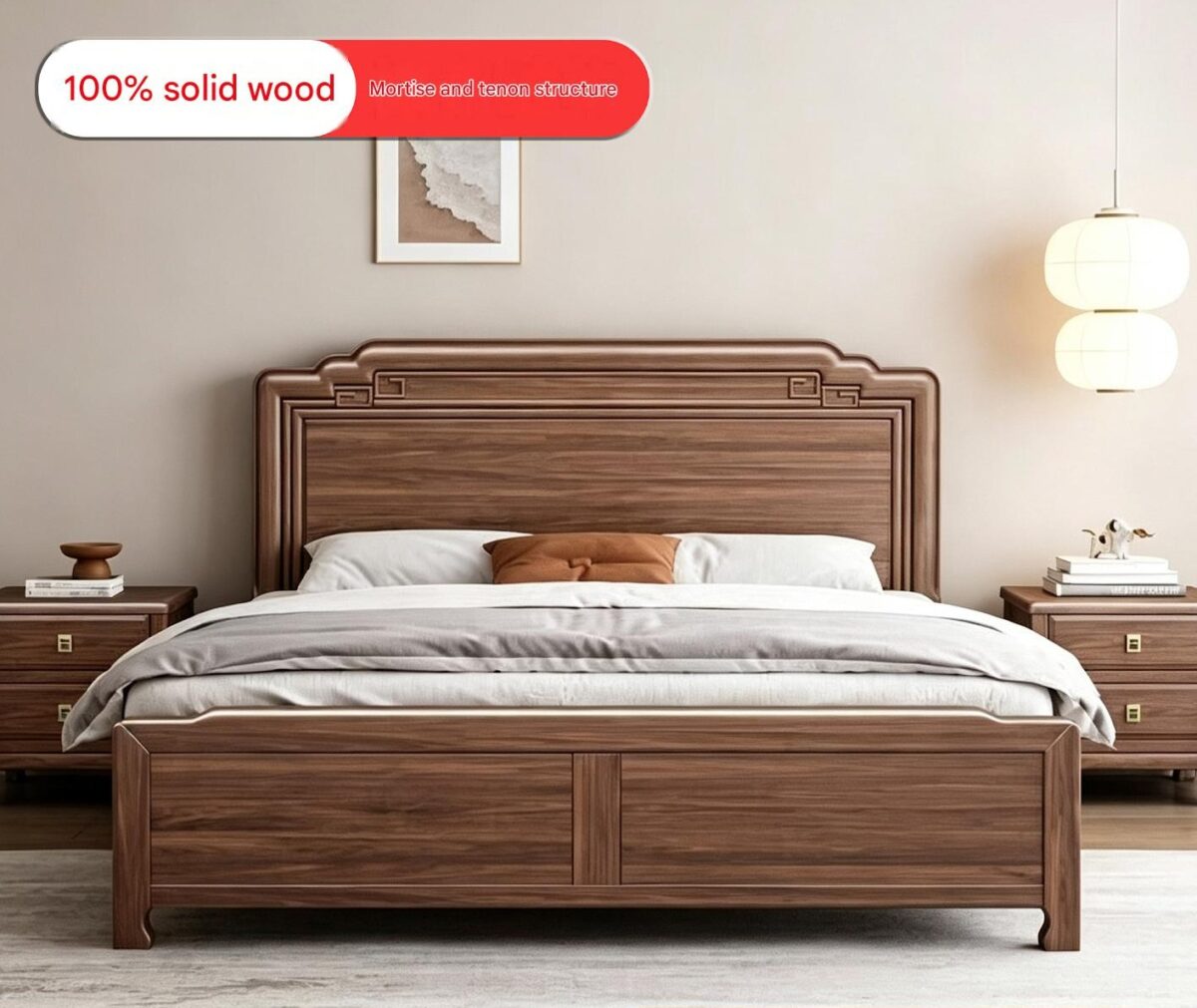 Living Well ZA solid black walnut king bed frame with traditional mortise and tenon joinery and matching wooden bedside tables