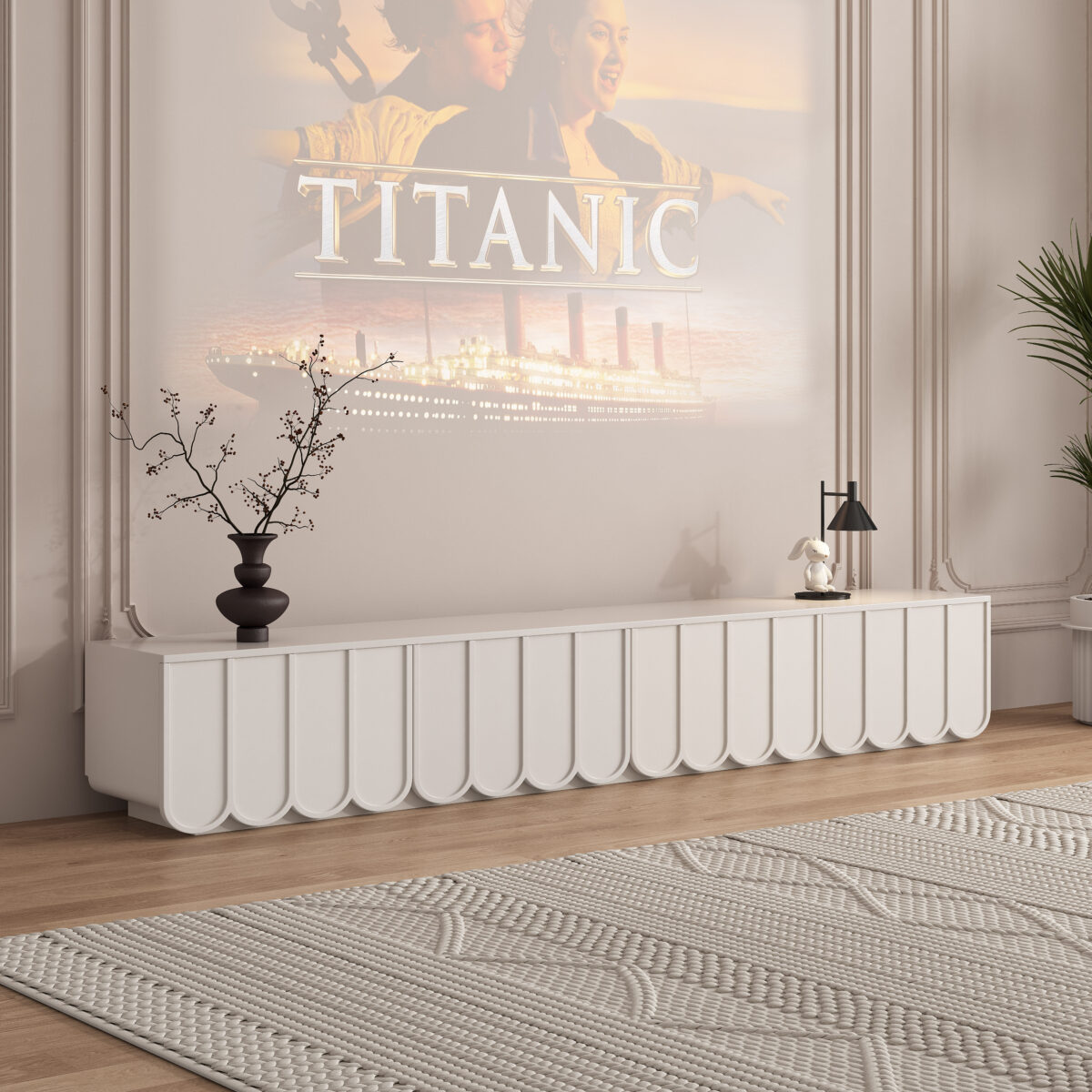 Modern off-white low entertainment YV unit featuring curved fluted panel solid wood doors and drawers.