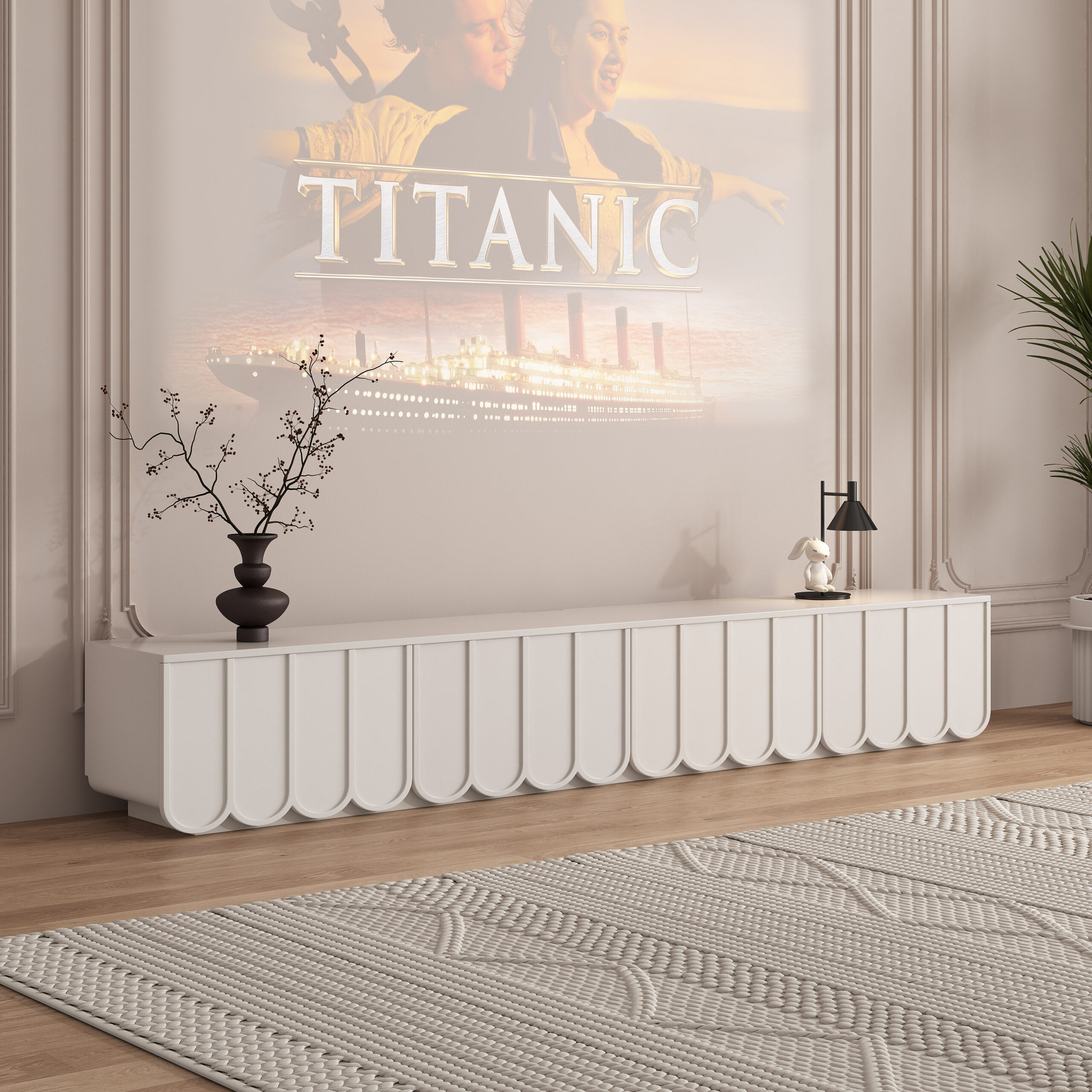 Modern off-white low entertainment YV unit featuring curved fluted panel solid wood doors and drawers.