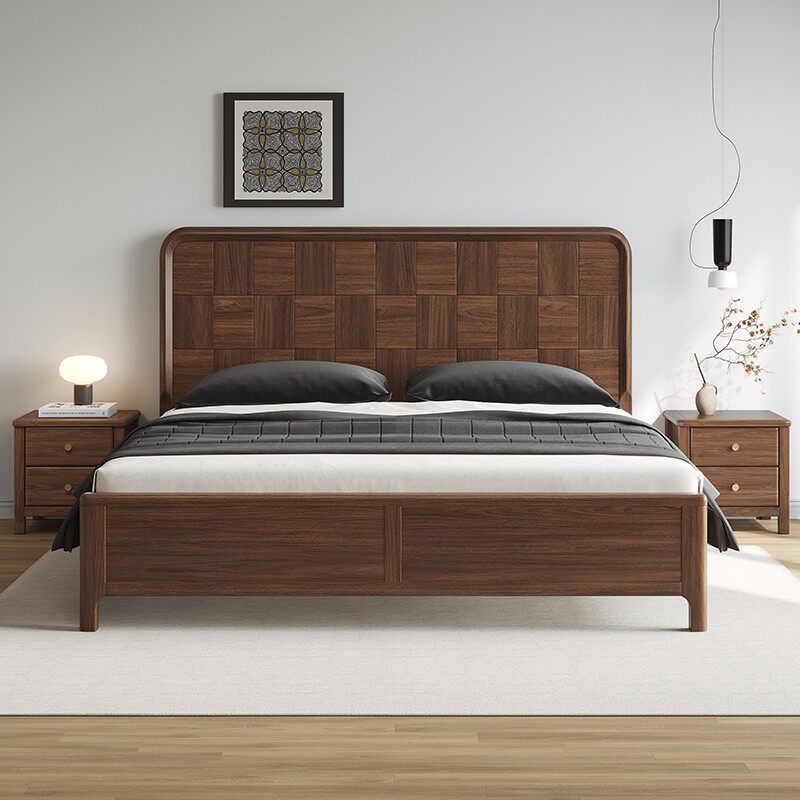 Contemporary solid black walnut wood king bed frame with woven headboard pattern and matching two-drawer bedside tables