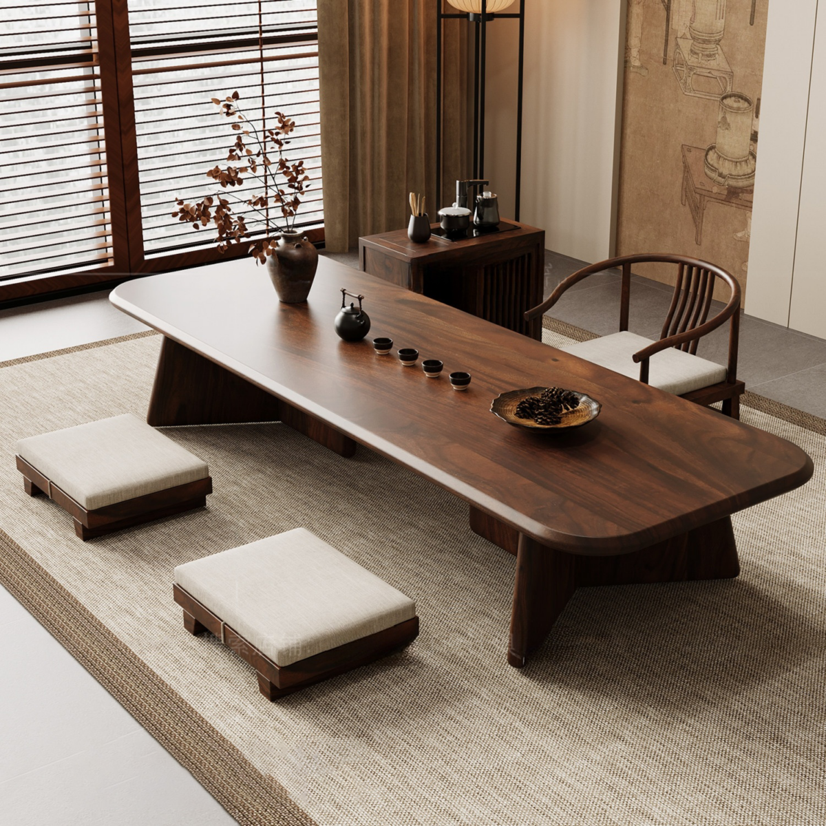 Living Well ZA Solid Walnut Wood Japandi Tatami Floor Low Table – Traditional Japanese Chabudai Coffee Table, Chair & Stool