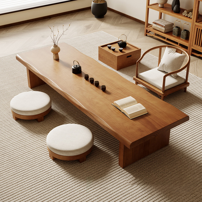 Solid pine wood Japandi coffee table with rectangular low-profile design in brown finish