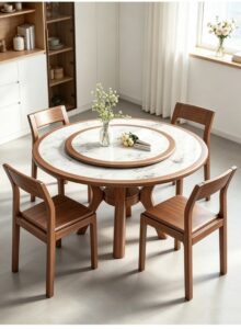 Living Well ZA round solid wood and sintered stone dining table with rotating Lazy Susan and matching timber chairs in a light-filled dining room