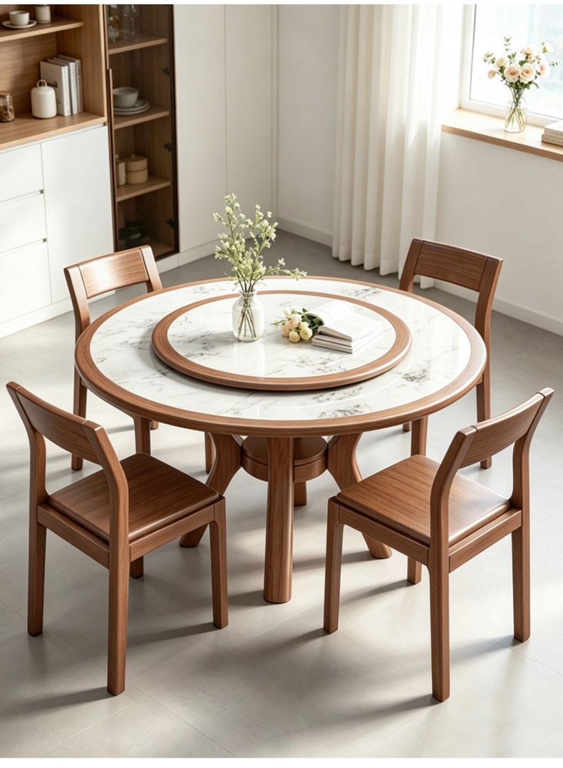Living Well ZA round solid wood and sintered stone dining table with rotating Lazy Susan and matching timber chairs in a light-filled dining room