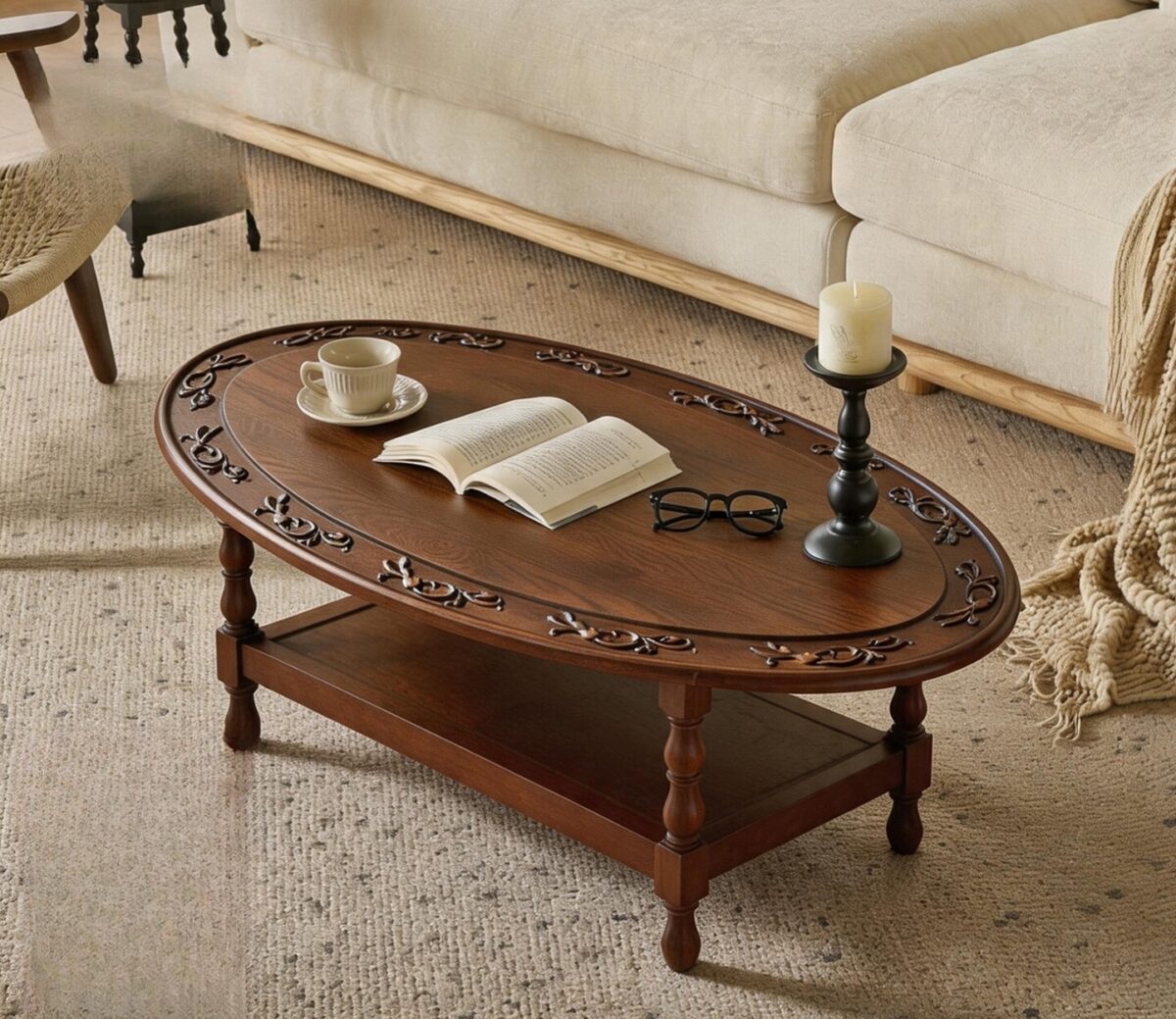 Solid oak oval mid-century modern coffee table in deep walnut finish with carved iris floral border and lower storage shelf in a styled living room.