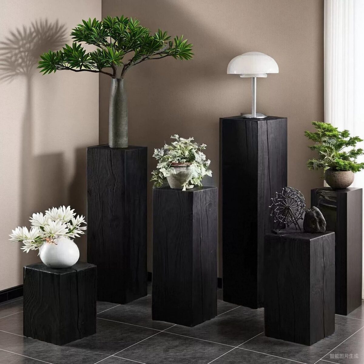 Solid wood carbonized charcoal display pedestals in various heights styled with indoor plants, white flowers, and table lamps in a modern Wabi-Sabi living room