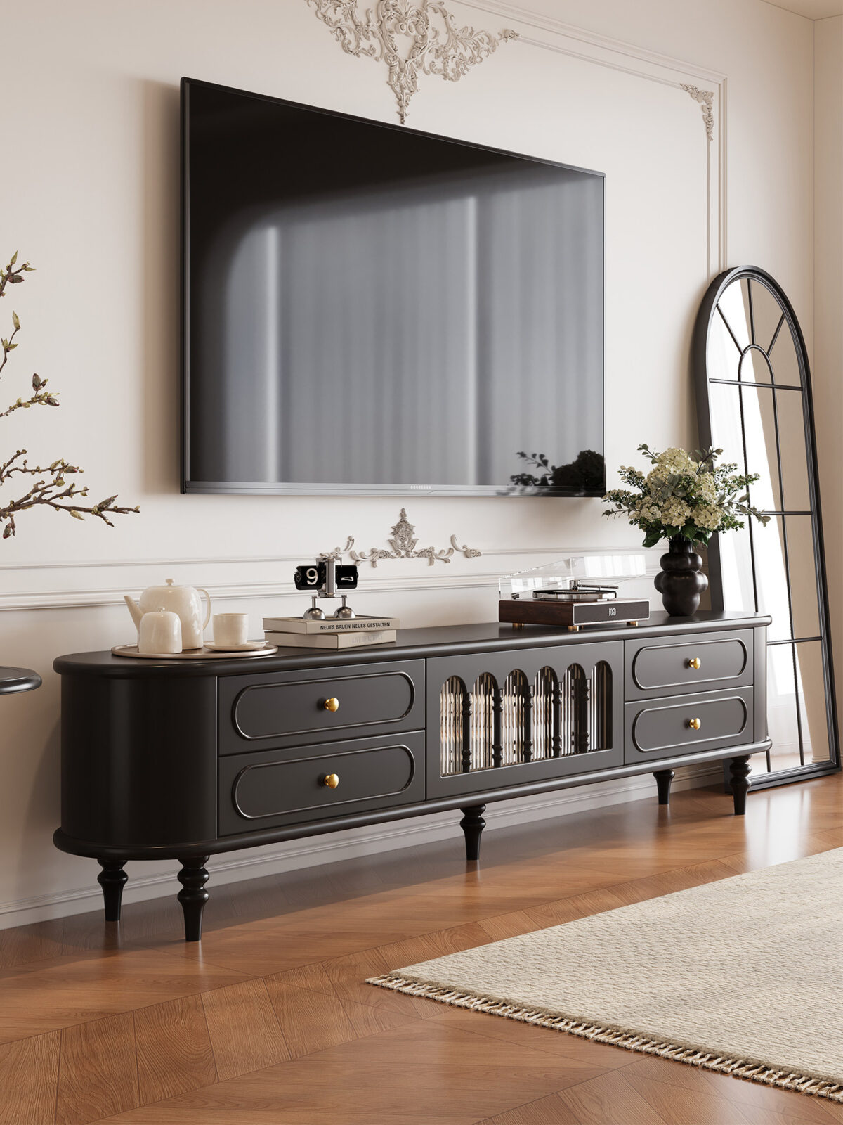 Black solid wood mid-century modern tv unit with fluted glass doors, drawers, and turned roman legs