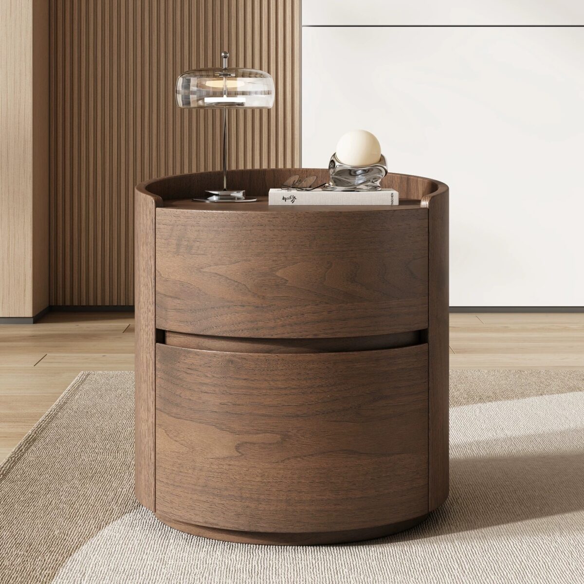 Luxury walnut 2-drawer natural wood round bedside table with rounded corners, concealed drawers and raised top surround